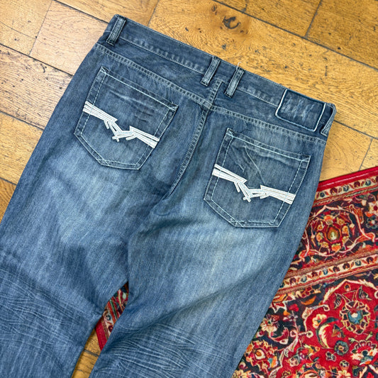 Vintage Helix Blue Embroidered Y2K Hip Hop Bootcut Baggy Jeans - 38