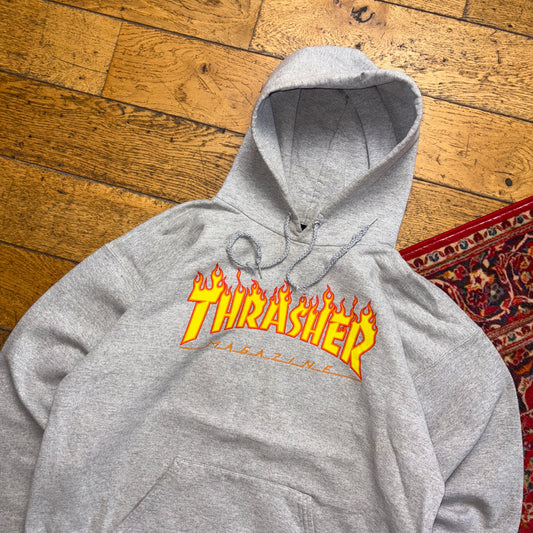 Vintage Thrasher Grey Skate Flames Hoodie Sweatshirt - M