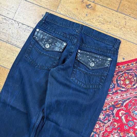 Vintage Blue Embroidered Y2K Hip Hop Baggy Jeans - 34