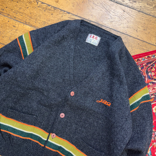 Vintage Grey Stripe Chunky Knit Cardigan Jumper - XL