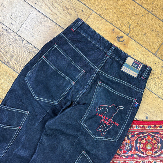 Vintage Black Contrast Stitch Embroidered Y2K Hip Hop Jeans - 28