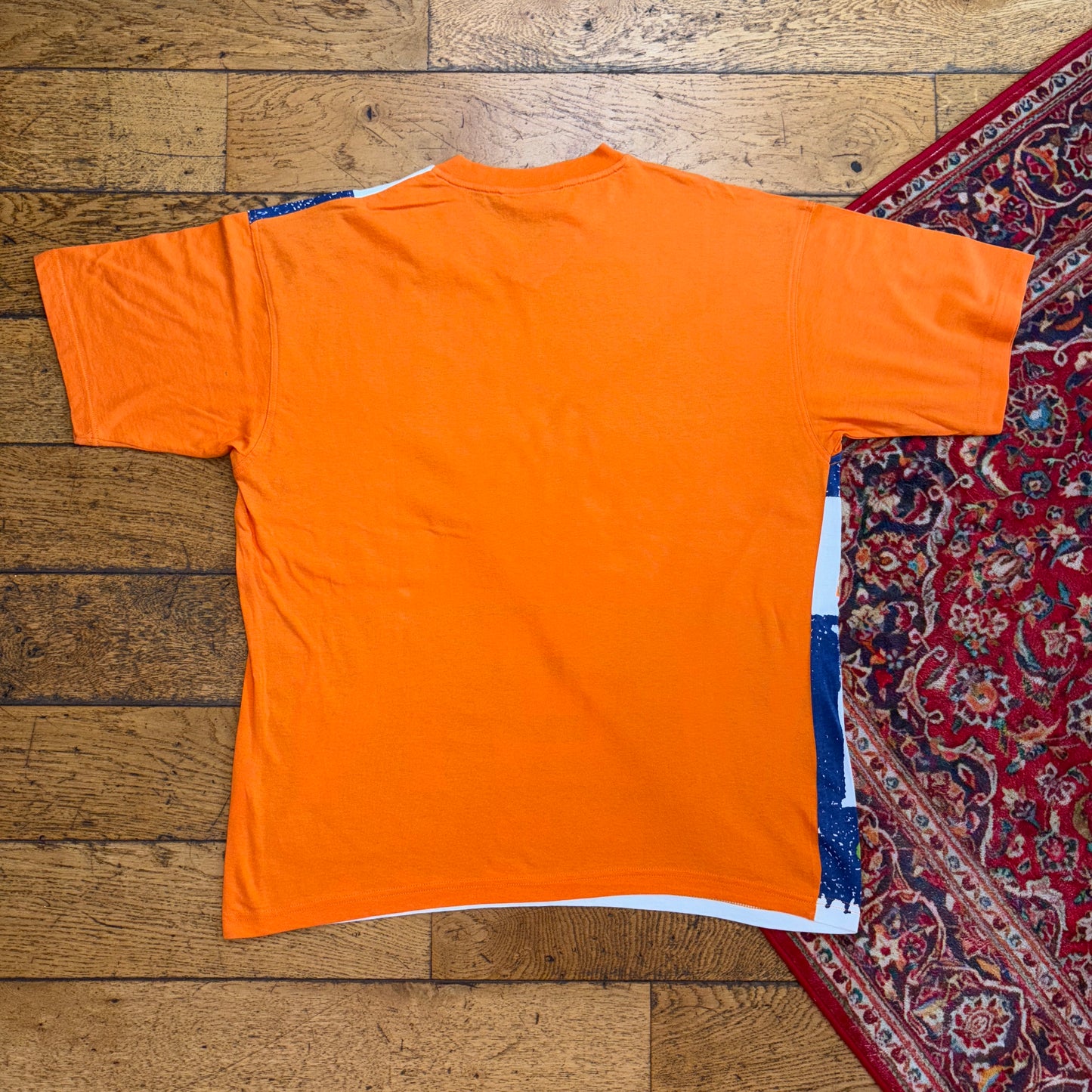 Vintage All Over Print Orange Blue White Graphic T-Shirt - L