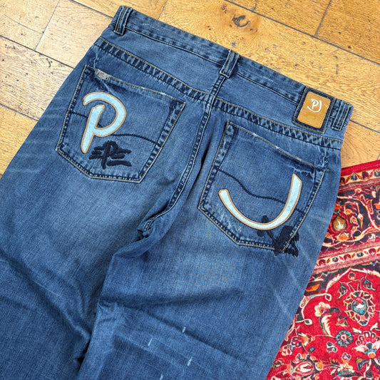 Vintage Pepe Jeans Blue Embroidered Y2K Hip Hop Baggy Jeans - 40