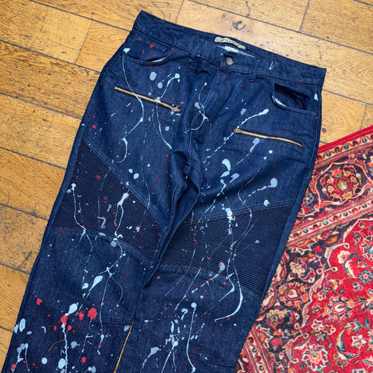 Vintage Navy Paint Splatter Grunge Y2K Hip Hop Baggy Jeans - 38R