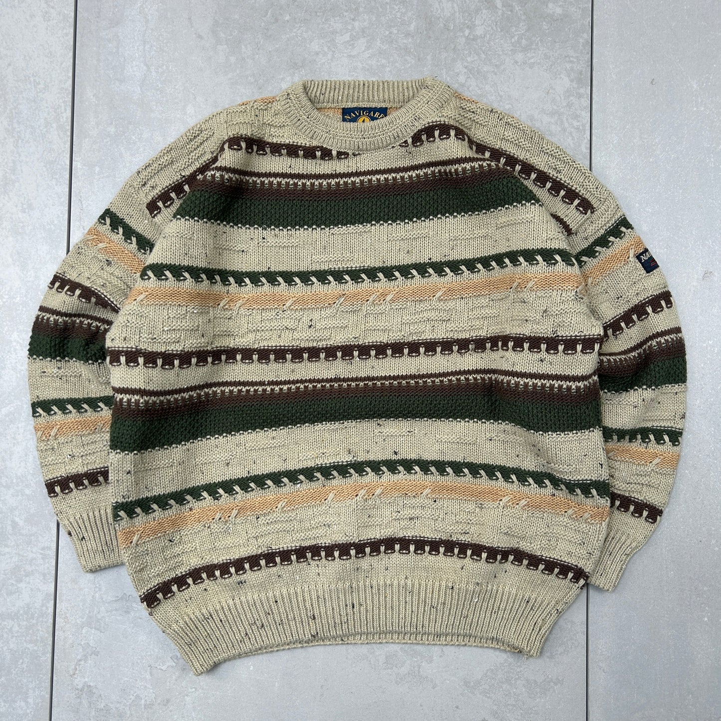 Vintage Chunky Cable Knit Italian Pattern Stripe Brown Jumper - M