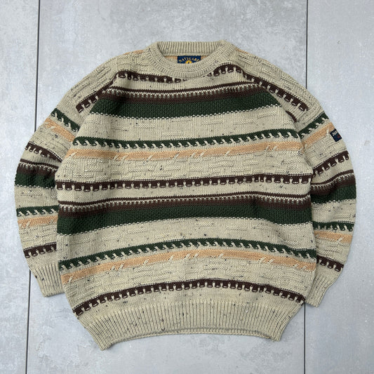 Vintage Chunky Cable Knit Italian Pattern Stripe Brown Jumper - M
