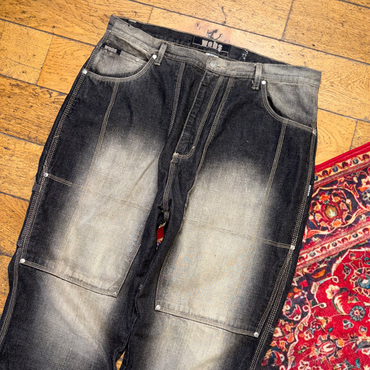 Vintage Webs Black Double Knee Embroidered Y2K Hip Hop Baggy Jeans - 38S