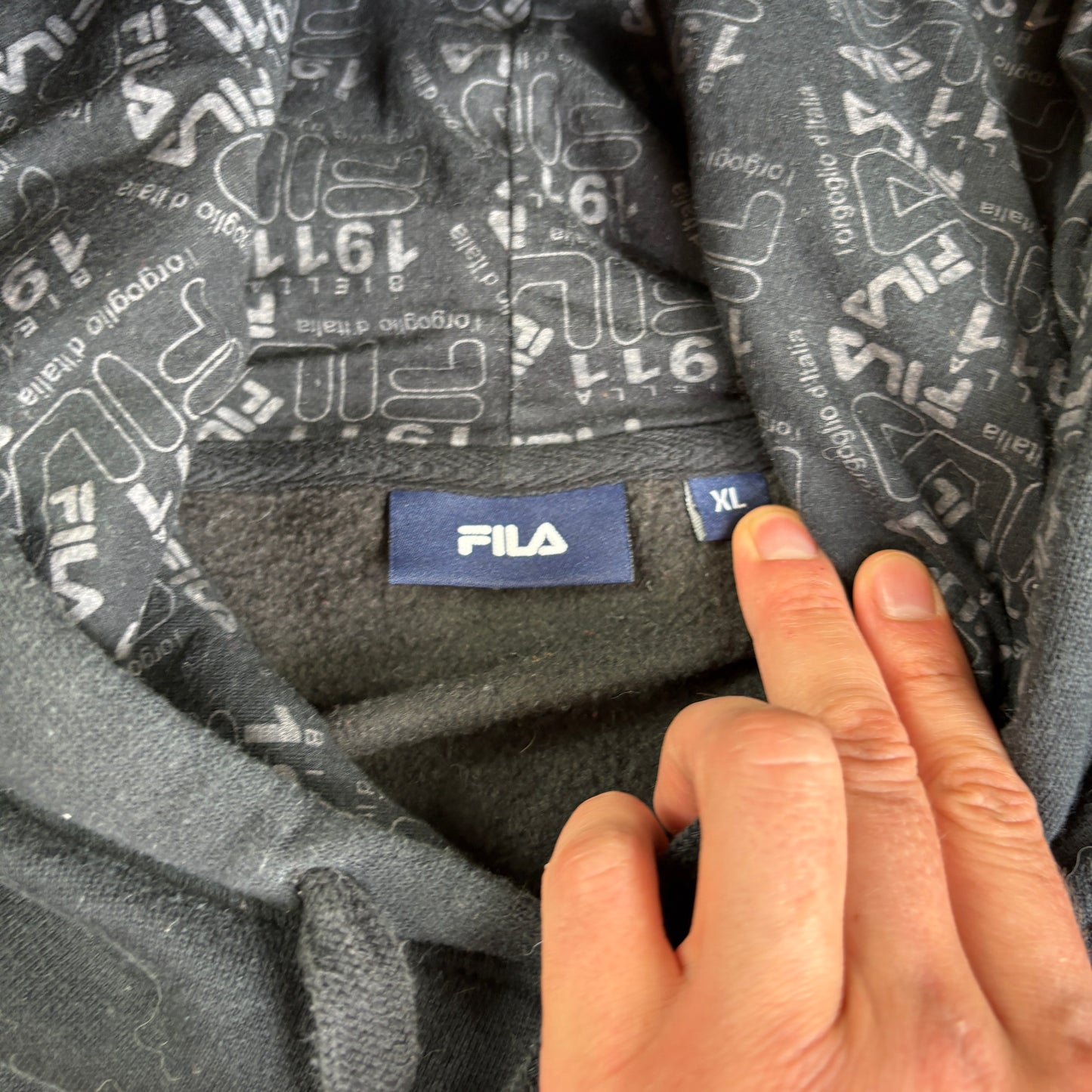 Vintage Fila Black Hoodie Embroidered Boxy Sweatshirt - XL