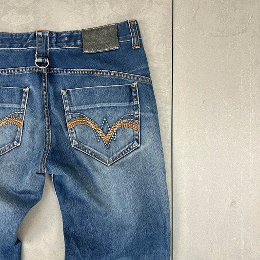 Vintage Rare Big Train Embroidered Japanese Denim Blue Straight Jeans - 34