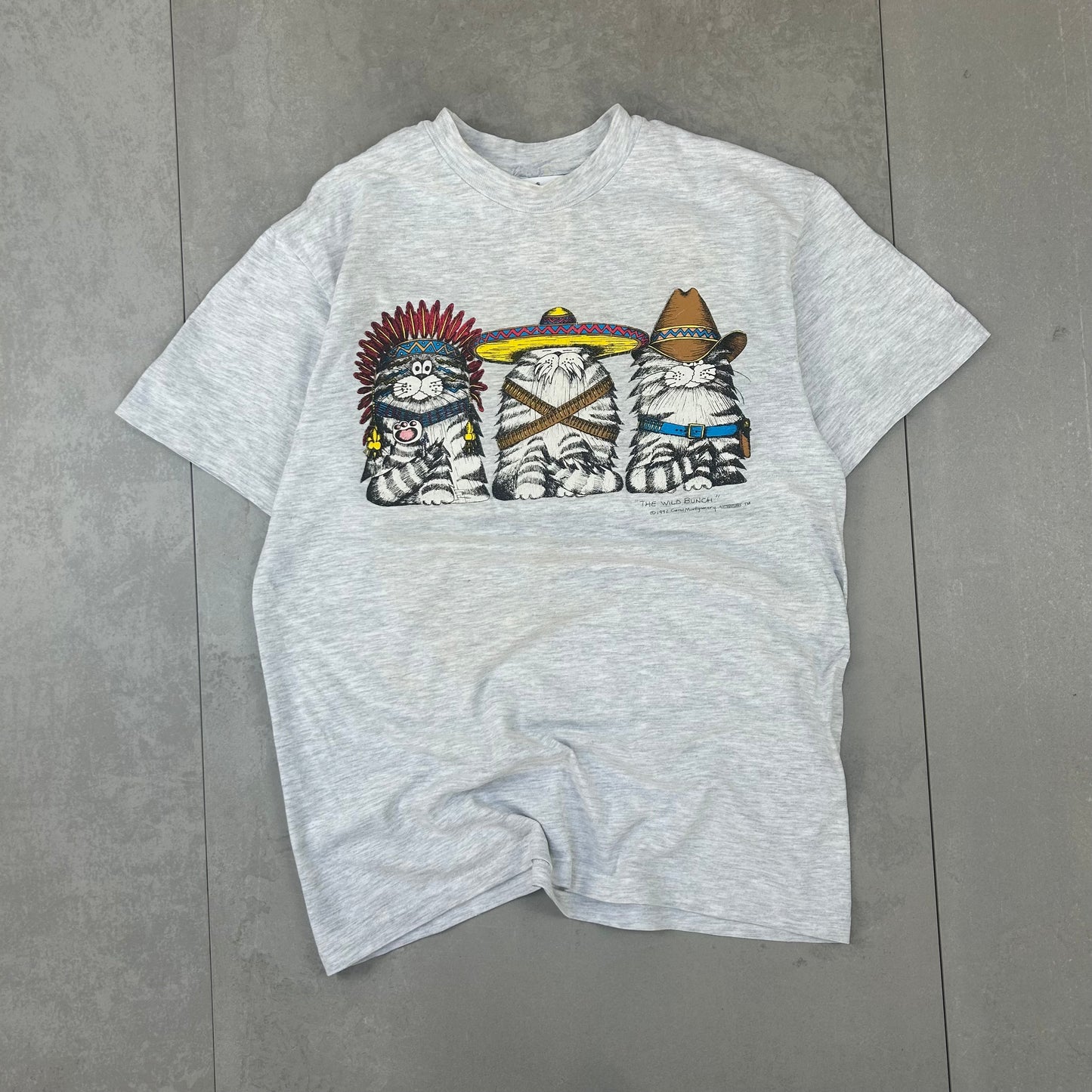 Vintage 1992 Single Stitch Cat Graphic Grey T-shirt - Small