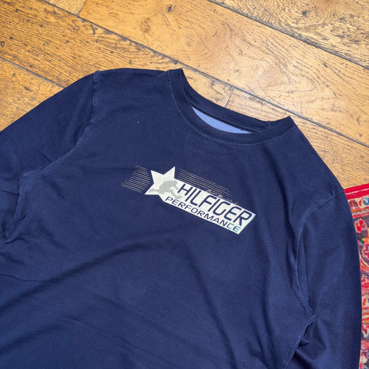 Vintage Tommy Hilfiger Navy Long Sleeve Running Graphic T-Shirt - S