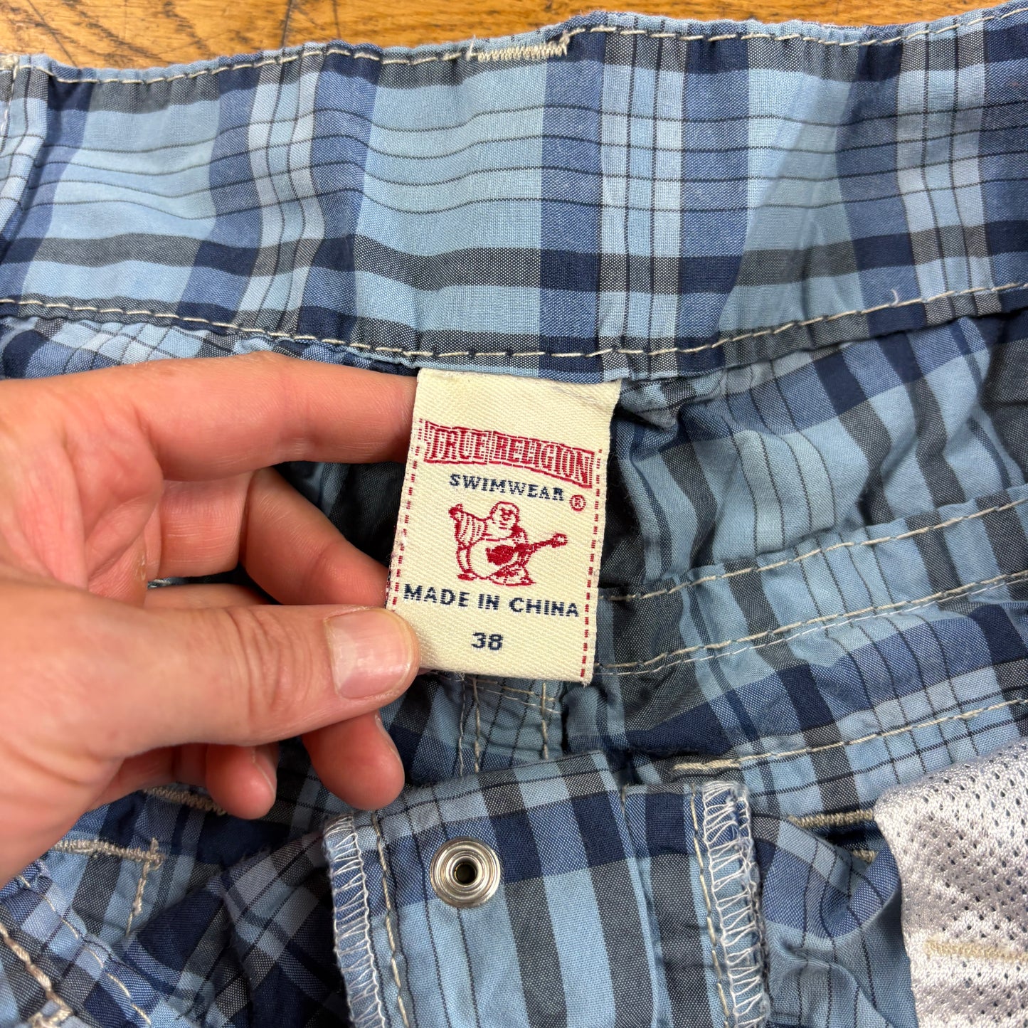 Vintage True Religion Blue Check Embroidered Y2K Swimming Shorts Jorts - 38