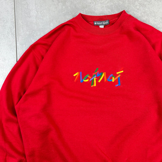 Vintage 90s Naf Naf Red Embroidered Spellout Sweatshirt - L