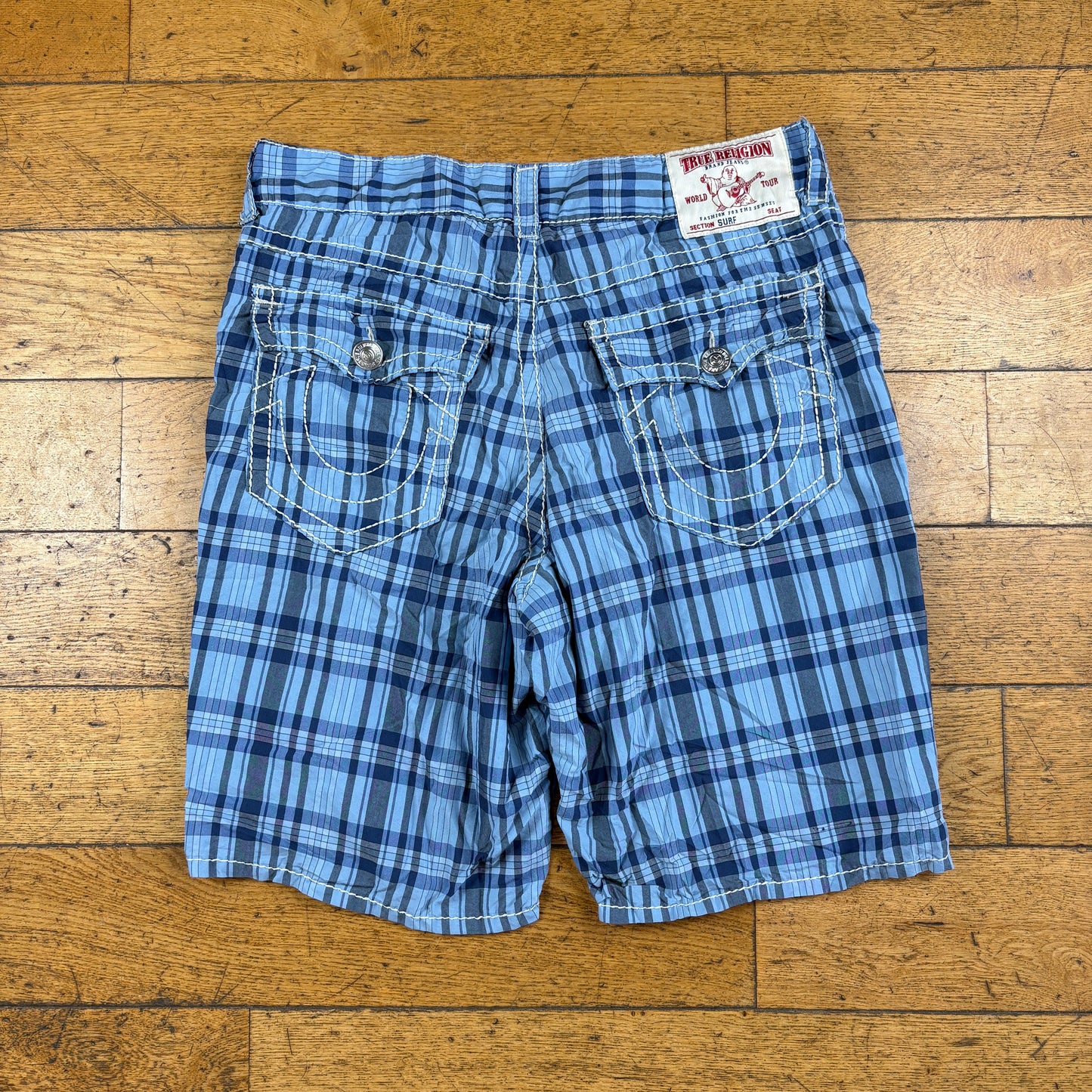 Vintage True Religion Blue Check Embroidered Y2K Swimming Shorts Jorts - 38