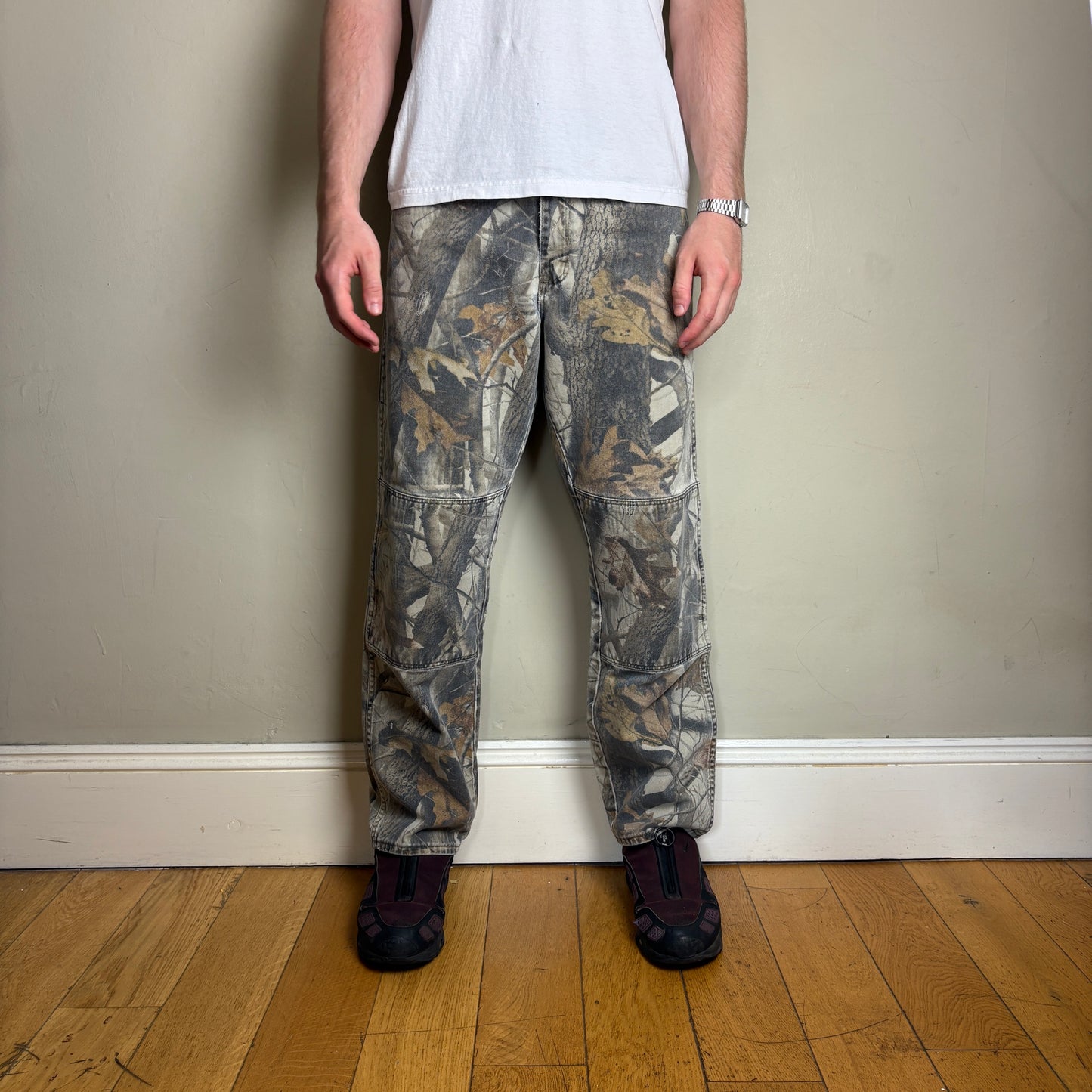 Vintage Wrangler Real Tree Camo Double Knee Green Hunting Workwear Trousers -34R
