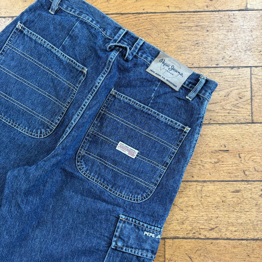 Vintage Pepe Jeans Cargo Embroidered Blue Hip Hop Baggy Shorts Jorts - 34