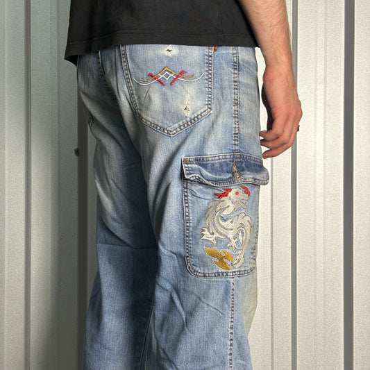 Embroidered Dragon Blue Cargo Japanese Denim Hip Hop Y2K Baggy Jeans - 34S