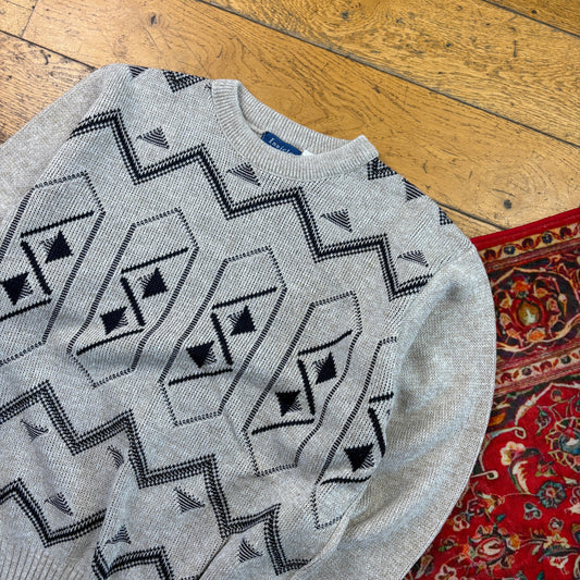 Vintage Grey Pattern Italian Knit Jumper - M