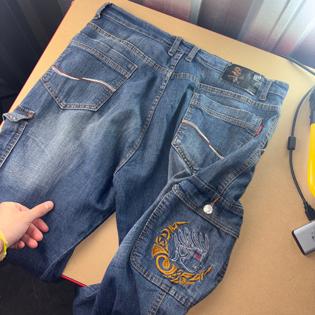 Embroidered Blue Cargo Japanese Denim Hip Hop Y2K Baggy Jeans - 34S