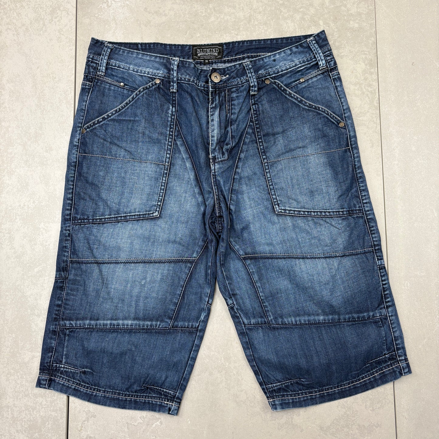 Vintage Embroidered Hip Hop Baggy Blue Shorts Jorts - 38