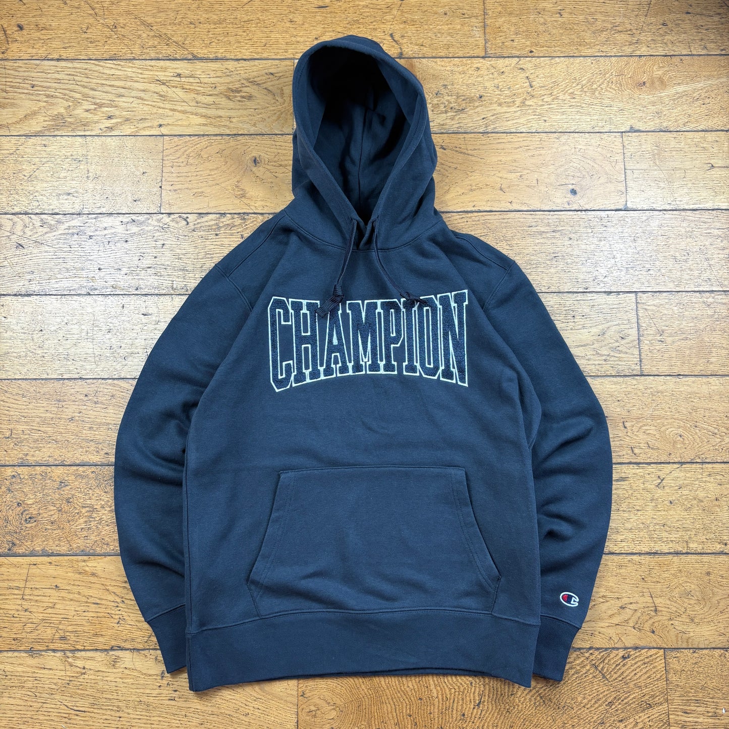 Vintage Champion Navy Spellout Embroidered Hoodie Sweatshirt - M