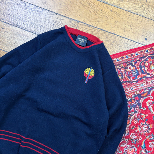 Vintage Navy Embroidered Tennis Chunky Knit Jumper - S
