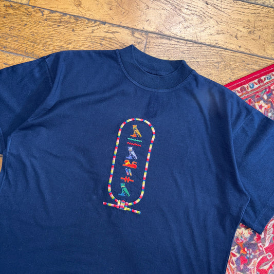 Vintage Embroidered Navy Hieroglyphics Egyptian Boxy Graphic T-Shirt - M