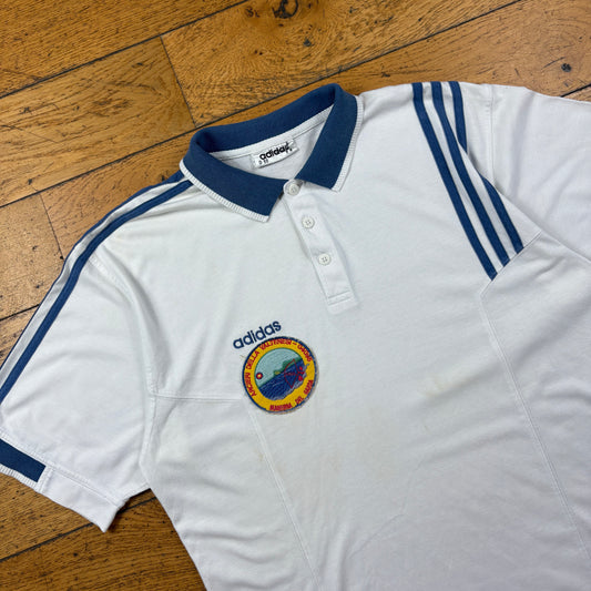 Vintage Adidas White Blue Polo T-Shirt - M