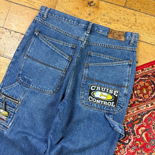 Vintage Blue Embroidered Y2K Hip Hop Baggy Jeans - 36