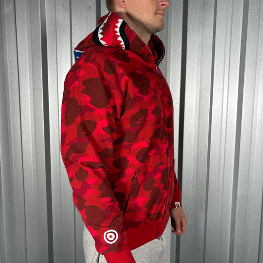 BAPE Bathing Ape Red Camo Shark Head Zip Hoodie - S