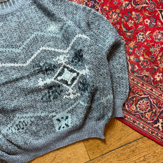 Vintage Blue Pattern Wool Chunky Knit Jumper - XL