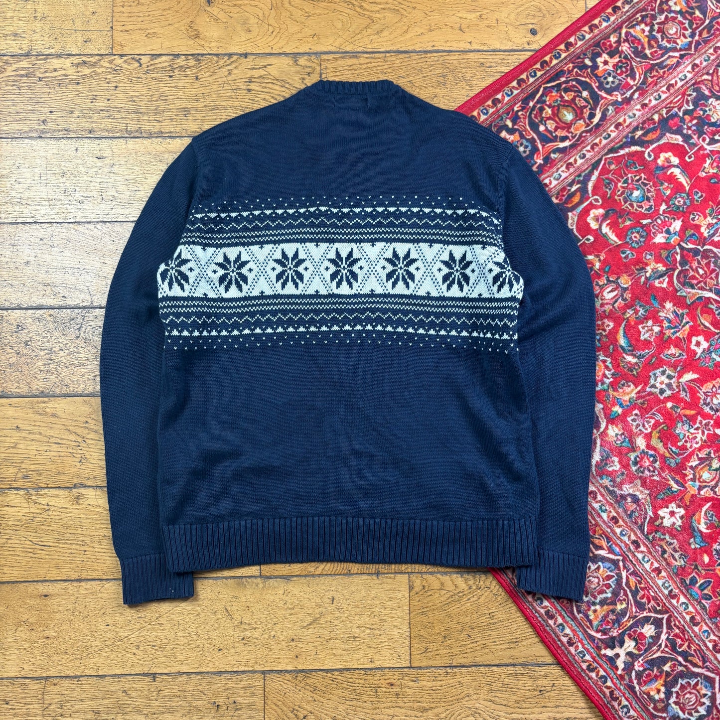 Vintage Nautica Navy Christmas Festive Pattern Knit Jumper - S