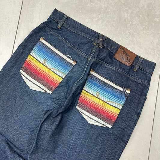 Vintage Embroidered LRG Hip Hop Baggy Blue Jeans - 36