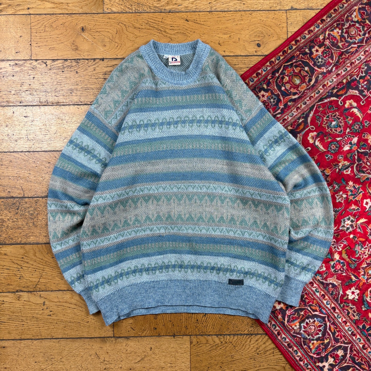 Vintage Blue Pattern Italian Chunky Knit Jumper - L