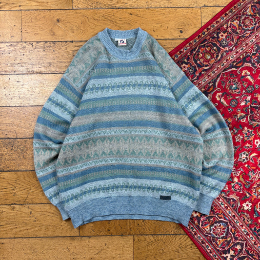 Vintage Blue Pattern Italian Chunky Knit Jumper - L