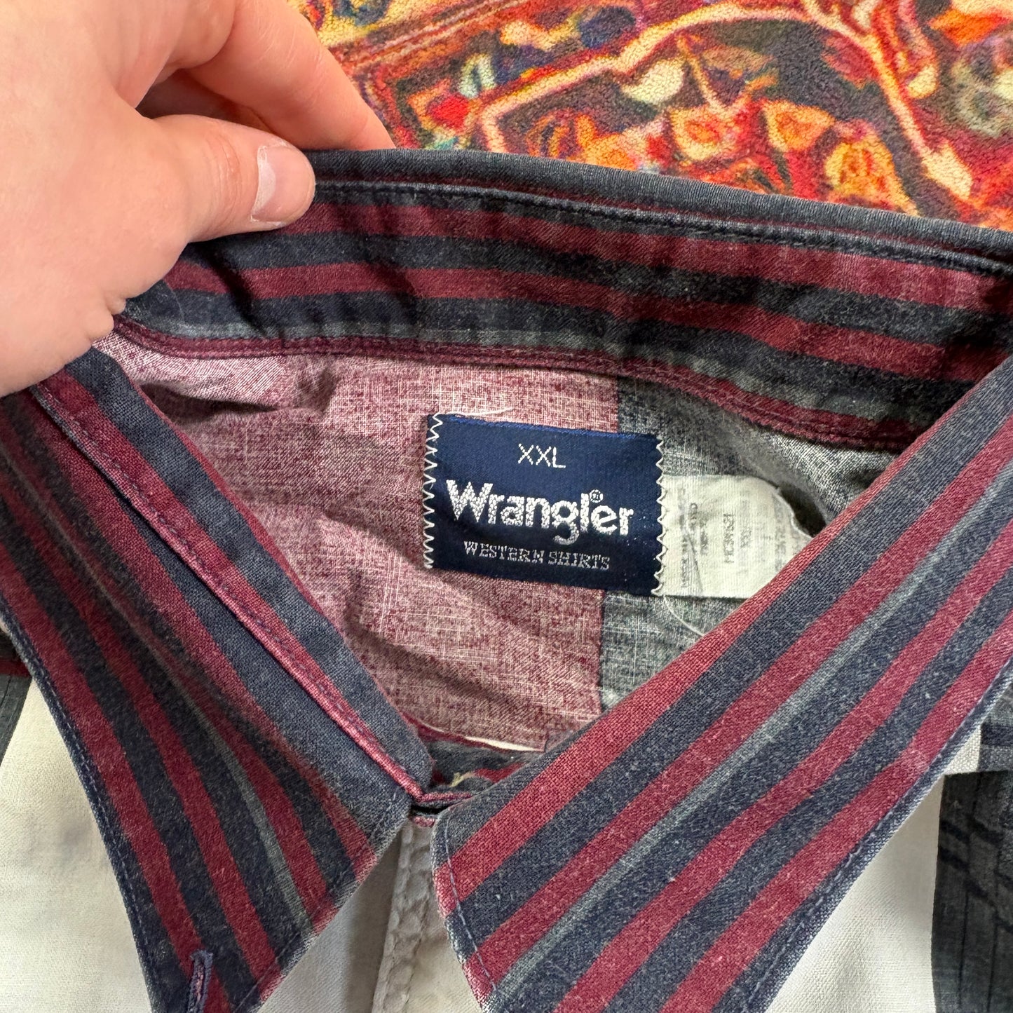 Vintage Wrangler Western Funky Pattern White Navy Burgundy Shirt - 2XL