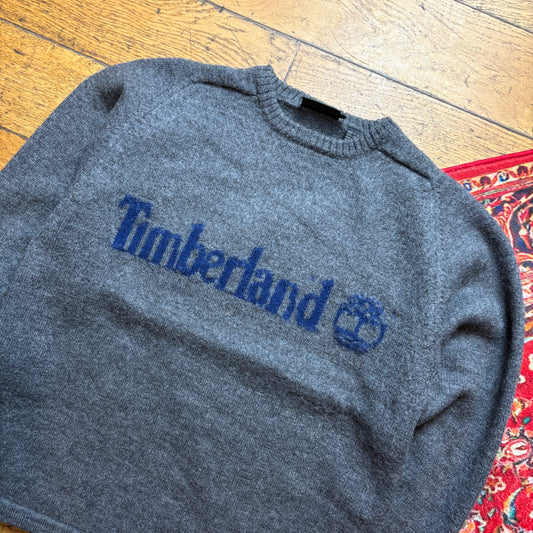 Vintage Timberland Spellout Grey Wool Chunky Knit Jumper - S