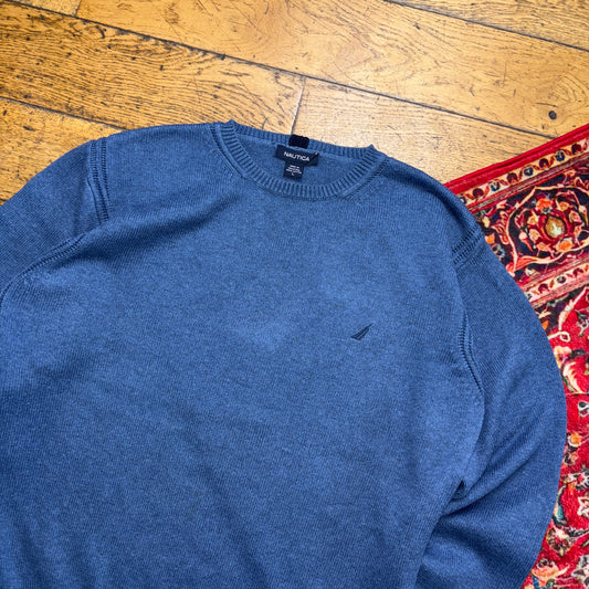 Vintage Nautica Blue Embroidered Knit Jumper - L