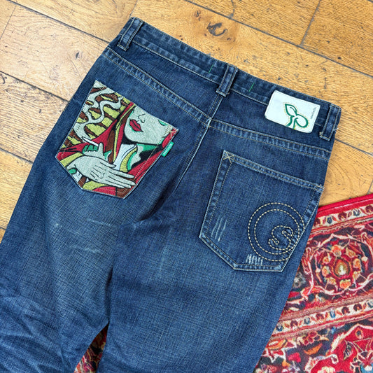 Vintage Seedless Blue Embroidered Y2K Hip Hop Straight Jeans - 32