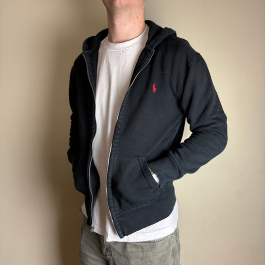 Vintage Ralph Lauren Black Zip Hoodie Embroidered Sweatshirt - M