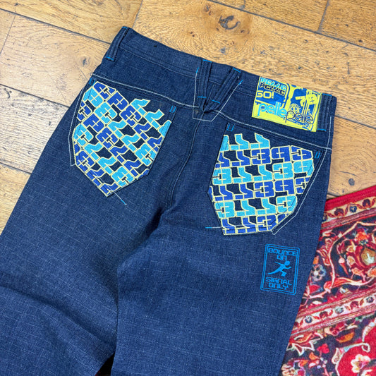 Vintage Pelle Pelle Blue Embroidered Y2K Hip Hop Straight Jeans - 30