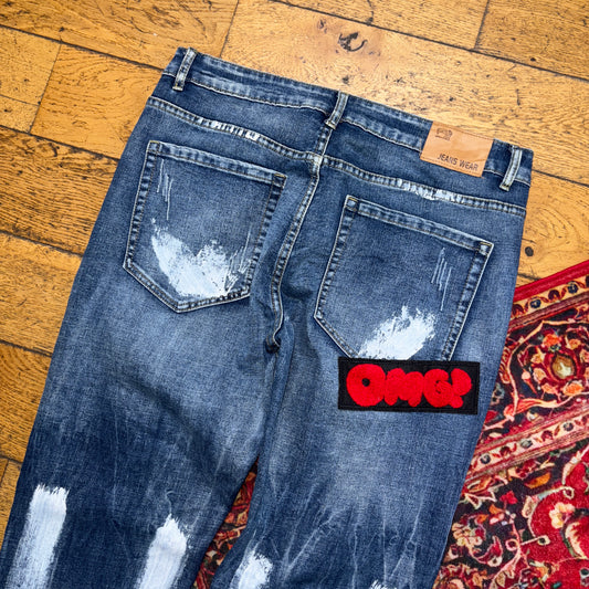 Vintage Blue Embroidered Y2K Hip Hop Straight Jeans - 34R