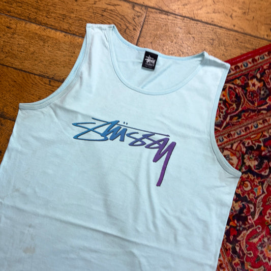Vintage Stussy Blue Graphic Vest T-Shirt - M