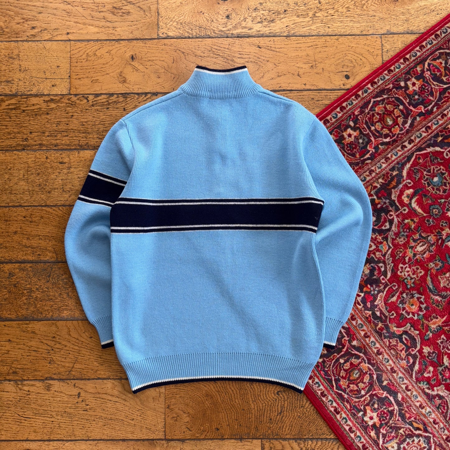 Vintage Blue Quarter Zip Stripe Chunky Knit Jumper - XS