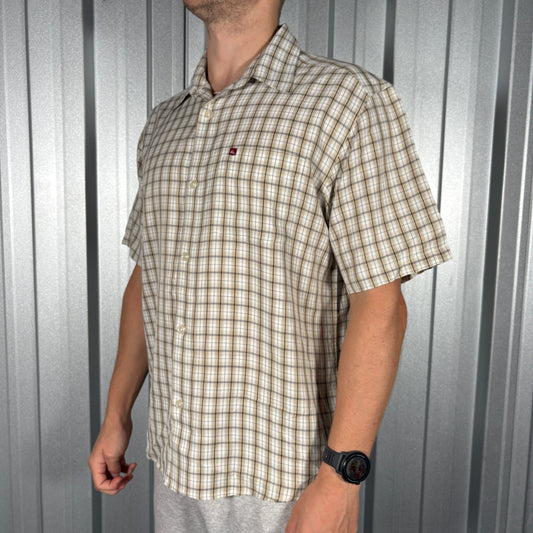 Quiksilver Surfwear Cream Plaid Check Short Sleeve Shirt - M