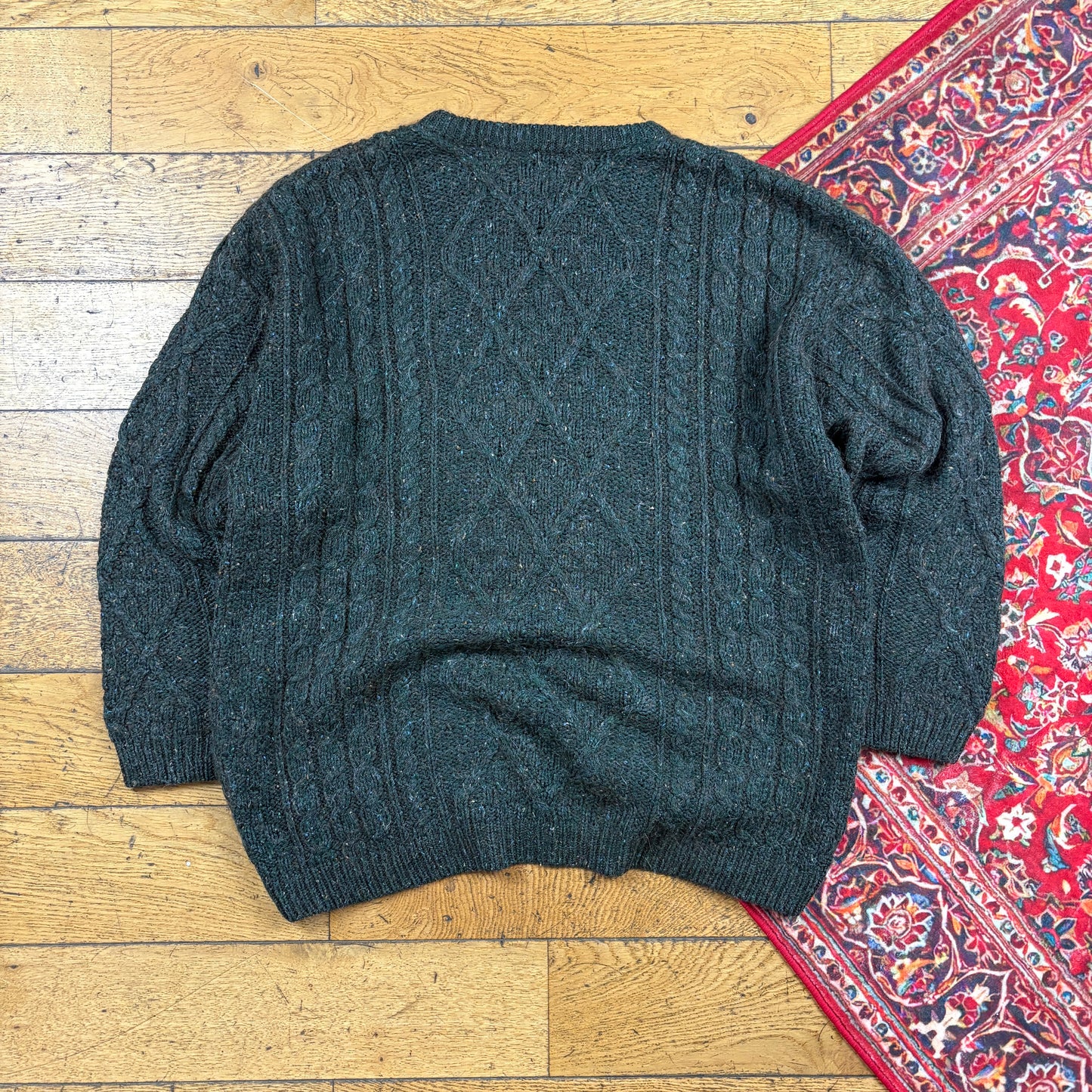 Vintage Green Wool Chunky Cable Knit Jumper - L