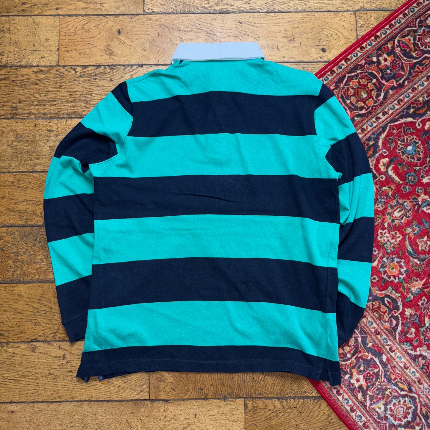 Vintage Cotton Traders Green Navy Stripe Rugby Polo Shirt - M