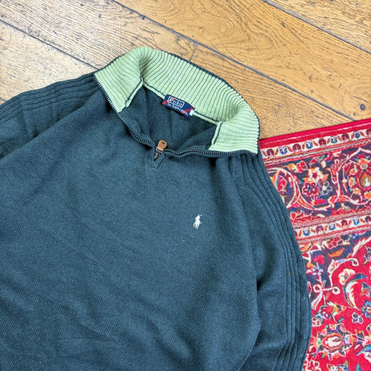 Vintage Ralph Lauren Green Wool Quarter Zip Chunky Knit Jumper - L