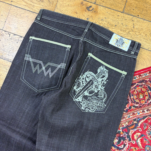 Vintage Brown Embroidered Y2K Hip Hop Baggy Jeans - 38