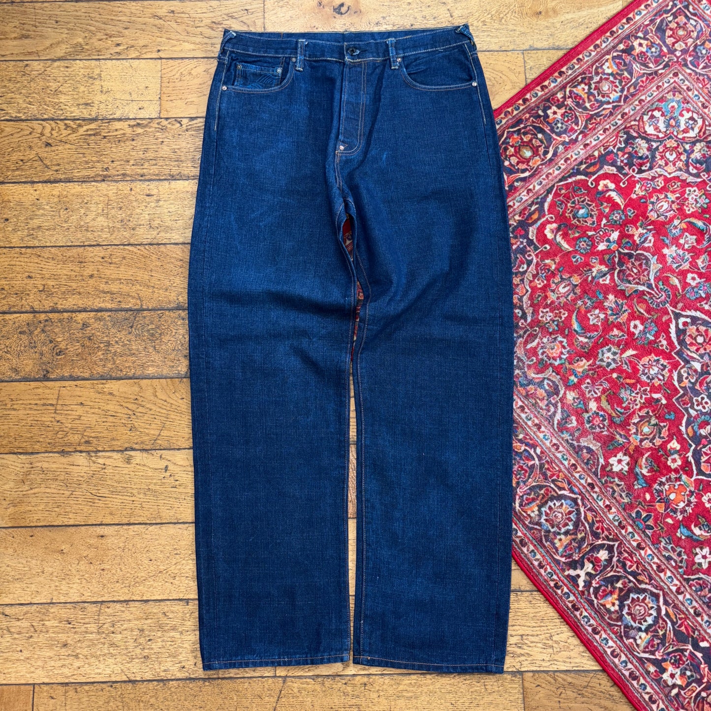 Vintage RMC Japanese Navy Blue Embroidered Y2K Hip Hop Baggy Jeans - 38L